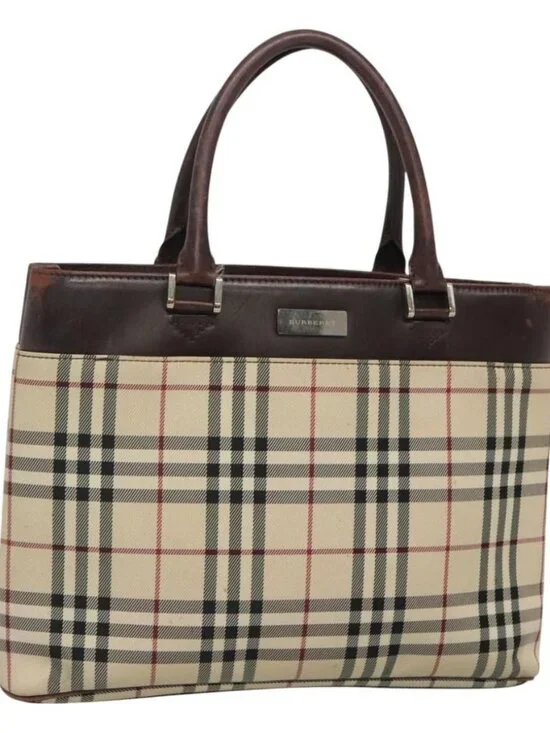 BURBERRY Nova Check Hand Bag Nylon Beige Silver Auth 120399 - Picture 1 of 16